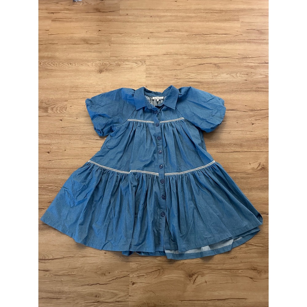En Saison Tara Chambray Blue Tiered Babydoll Shirt Dress Puff Sleeve S
